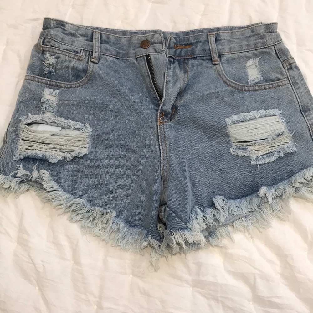 High waisted distressed jean shorts